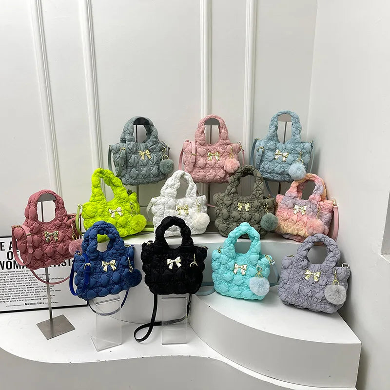 Lindos bolsos de mano acolchados con lazo para mujer, bolsos de mano pequeños suaves y acolchados, bolsos casuales de nailon y algodón, bolsos cruzados para el hombro, tendencia 2024