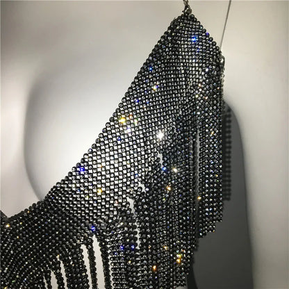 Chaleco con cuello halter y brillantes diamantes de imitación para mujer, top sexy de playa con borlas y cadena sin espalda para mujer, top corto calado para fiesta 2023