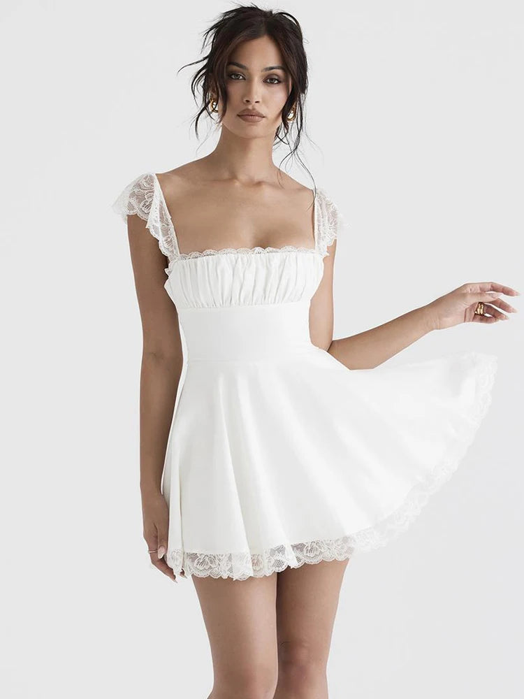 Robe blanche sexy en dentelle courte pour femme, tenue de soirée, de club, de vacances, décontractée, mini, douce, à lacets dans le dos, pour anniversaire, 2022