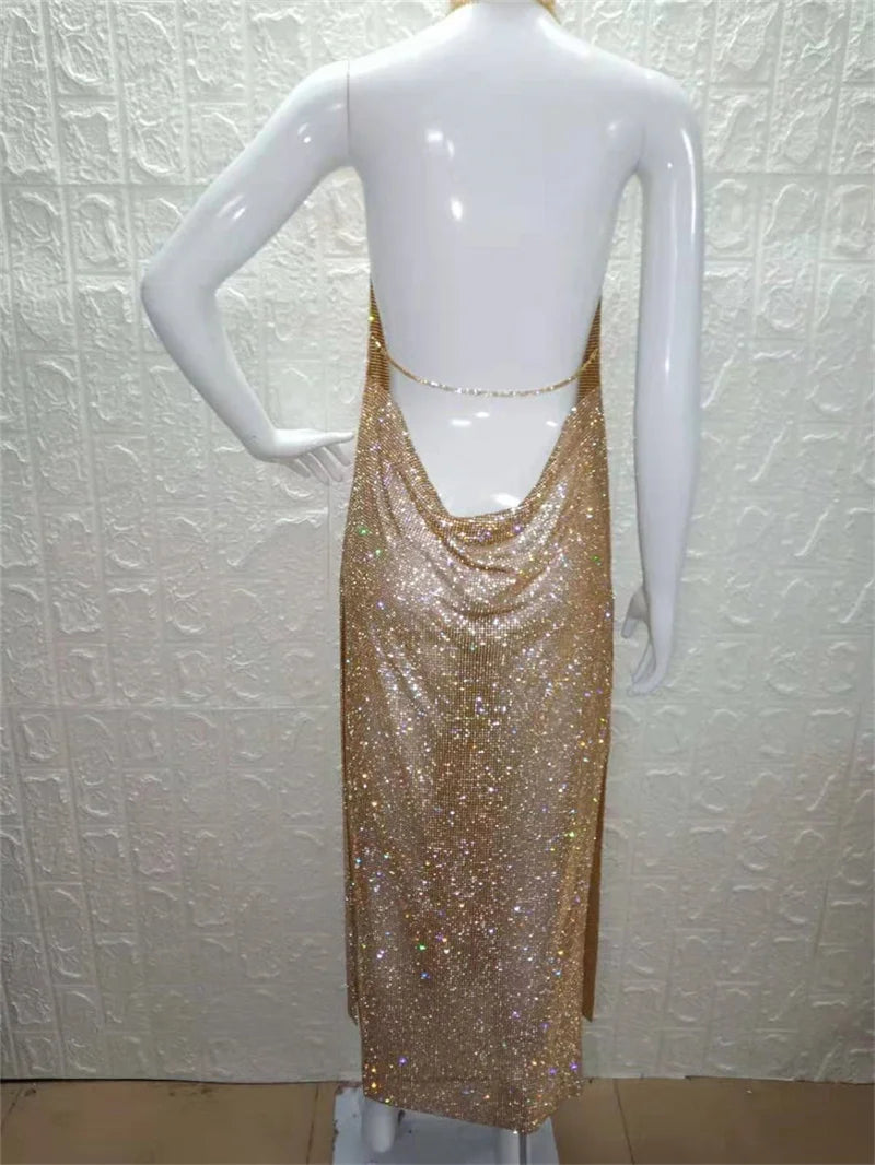 Robe de soirée longue et élégante en cristal pailleté pour femme, robe de soirée sexy dos nu, licou, scintillante, fendue haute