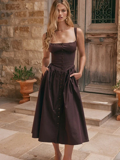 Robe élégante d'été pour femme Suninheart 2023 Robe de fête d'anniversaire à bretelles spaghetti marron Robe mi-longue boutonnée en ligne A