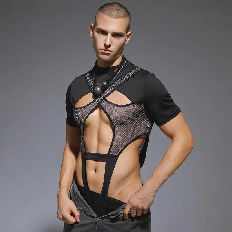 2023 Monos para hombre de malla de retazos transparentes con agujeros, monos de cuello redondo de manga corta, mono sexy de moda para hombre S-3XL INCERUN