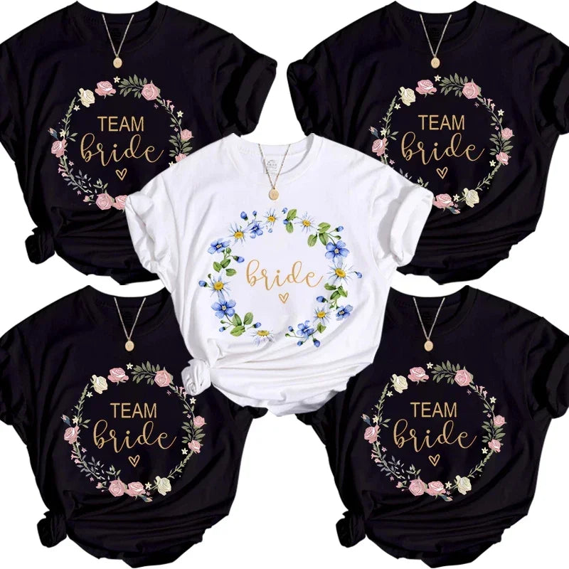 Floral Hoop Aesthetic Bridesmaid T Shirt Team Bride Top Tees Femme Wedding Shower T-Shirt Girl Bachelorette Hen Party T Shirts