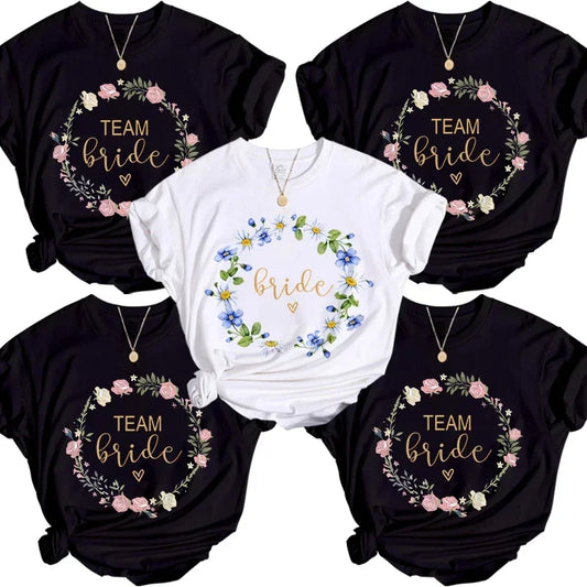 Camiseta de dama de honor con diseño de aro floral, camiseta de equipo de novia, camiseta de mujer para despedida de soltera, camisetas para despedida de soltera