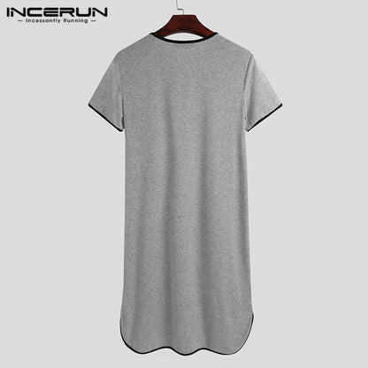 Fashion Men's Loose Sleepwear Casual Solid Nightgown INCERUN Patchwork Sleep Robes Short Sleeve V-Neck Homewear Robes S-5XL 2024