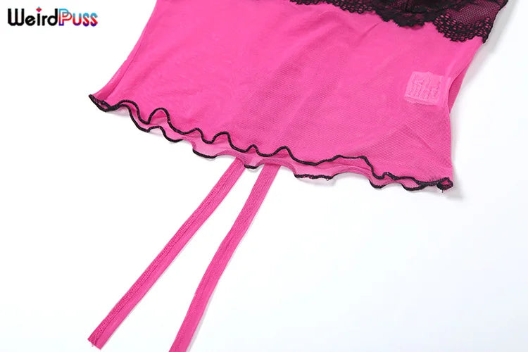 Conjunto de 2 piezas de encaje con parches de gatito extraño para mujer, top sexy de verano con tirantes finos y pantalones elegantes con capas, trajes ajustados para fiesta