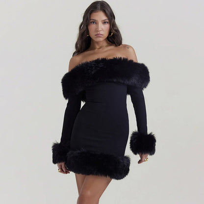 Faux Fur Elegant Party Dresses for Women 2023 Black Off The Shoulder Formal Occasion Dresses Mini New in Winter Women Clothing