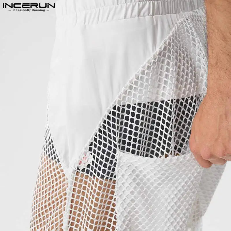 Pantalones nuevos para hombre con estilo sexy INCERUN 2024, pantalones de malla transparente con parches, pantalones elásticos con perspectiva informal, tallas S-5XL