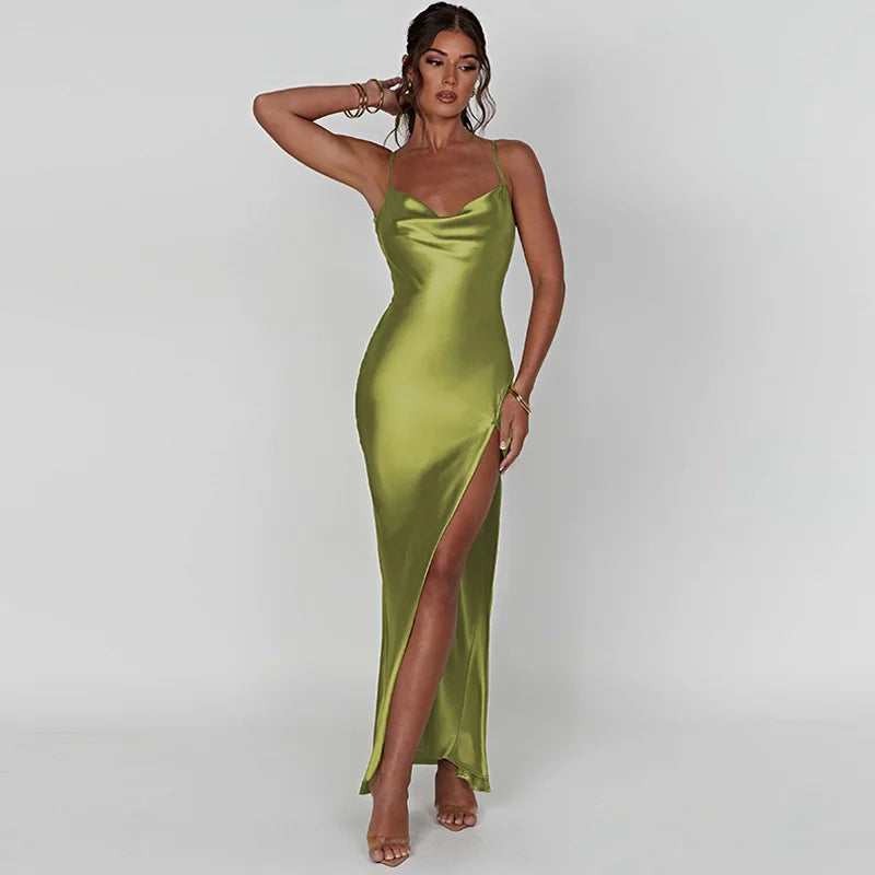 Dulzura Vestido largo de satén con tirantes y espalda descubierta y cordones para mujer, con aberturas laterales, ajustado, sexy, para fiestas, cumpleaños, trajes de noche, verano