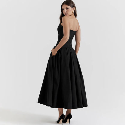 Suninheart - Vestido elegante negro para bodas y eventos, vestido sexy sin tirantes con corsé, vestidos de fiesta de Navidad a media pierna para mujer, ropa 2023