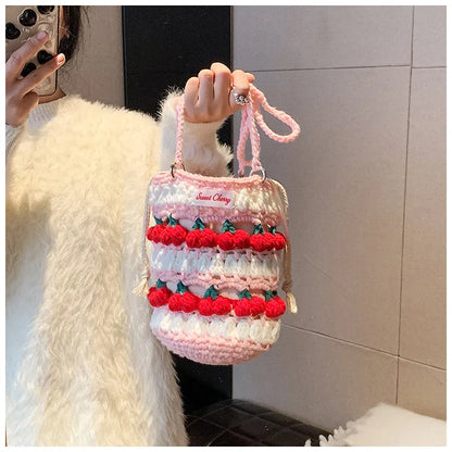 Handmade Woven Cherry Woolen Bag Fresh Fruit Woven Bag Crochet Knitted Bag Leisure String Shoulder Crossbody Bag 2024 New