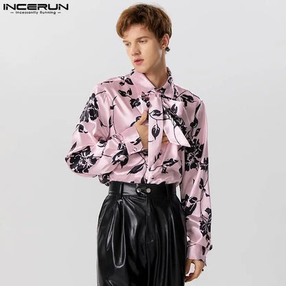 2023 Men Shirt Printing Satin Lapel Long Sleeve Lace Up Men Clothing Autumn Streetwear Fashion Casual Camisas S-5XL INCERUN