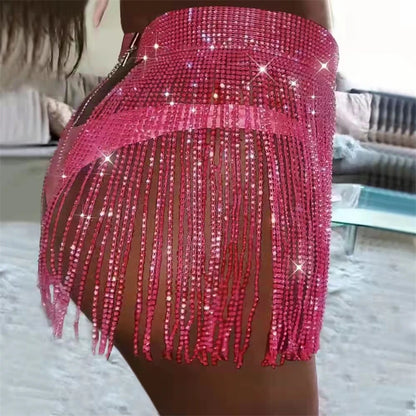 Minifalda de bikini de playa de verano para mujer, falda con borlas y diamantes de imitación brillantes, ajustable, sexy, para fiesta