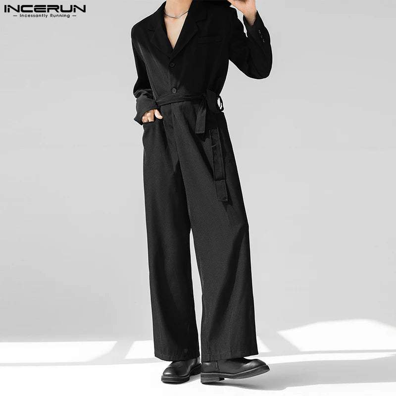 Fashion Casual Style Bodysuit INCERUN 2024 New Men's High-end Suit Collar Design Rompers Solid Color Long Sleeved Jumpsuit S-5XL