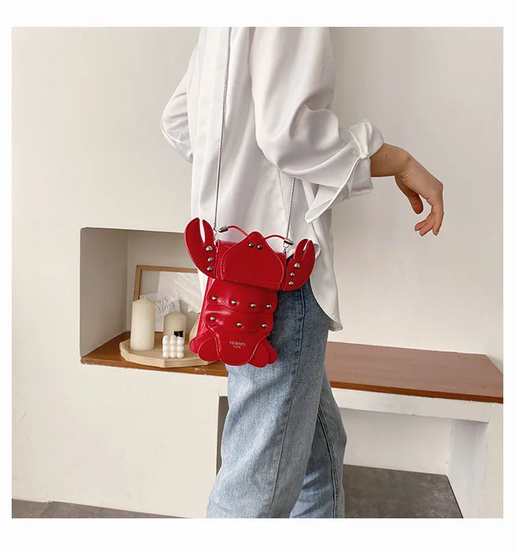 Funny Crayfish Shape Pu Shoulder Bag For Women Summer Red Phone Bag Girls' Chain Small Crossbody Bag