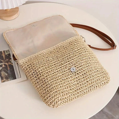 Bolso de hombro de paja estilo bohemio para mujer, tejido a mano, tipo bandolera, informal, con solapa grande, para playa y vacaciones, para verano