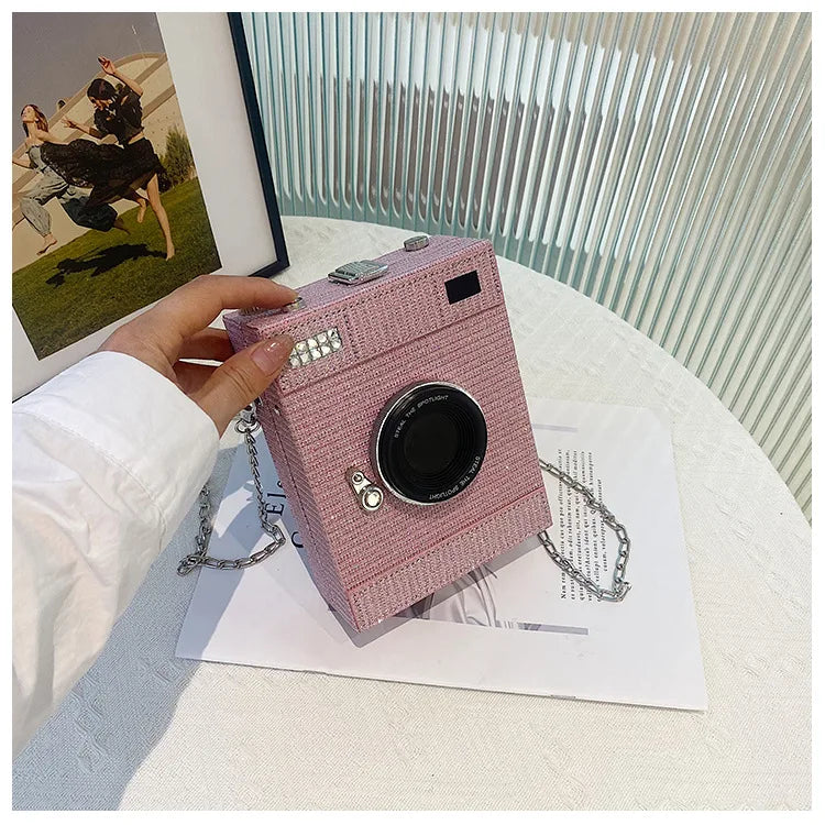 New Camera Shape Shoulder Bag Women Fashion Sequin Box Bag Funny Chain Crossbody Body Bag