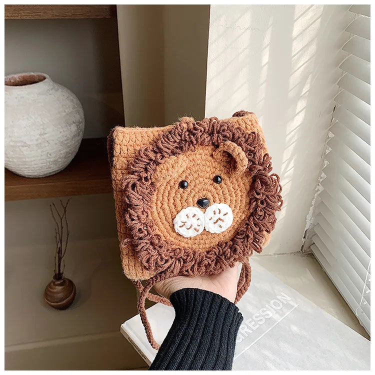 Cute Little Lion Bag For Girls Women's Funny Mobile Phone Coin Purse Winter Knitting Shoulder Crossbody Bag