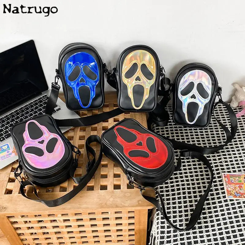 Bolso bandolera para hombre y mujer, estilo coreano, divertido bolso de hombro con calavera fantasma láser, bolso pequeño suave para teléfono móvil