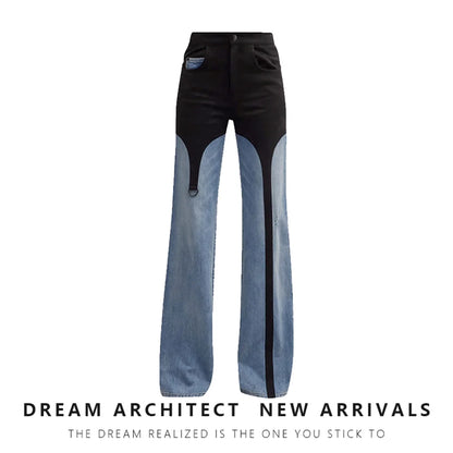 DEAT Fashion Pantalon en jean pour femme taille haute avec coutures contrastées noires et bleues, longueur au sol, jambes larges, automne 2024, nouveau 7AB763