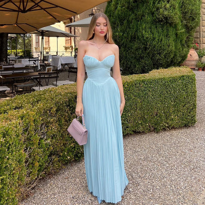 Suninheart Summer Sexy Strapless Dresses Women 2024 New Arrivals Blue Elegant Pleated Dress Maxi Bustier Birthday Party Dresses