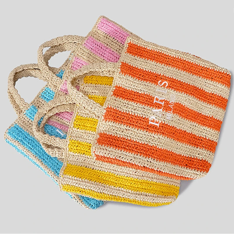 Casual Striped Straw Tote Bag Designer Letters Woven Women Handbags Handmade Summer Beach Bag Big Bali Travel Shopper Purse 2024