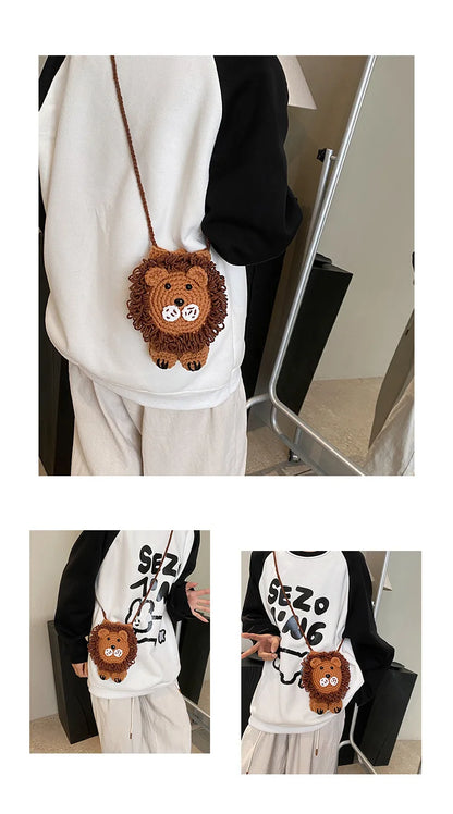 Cute Little Lion Bag For Girls Women's Funny Mobile Phone Coin Purse Winter Knitting Shoulder Crossbody Bag