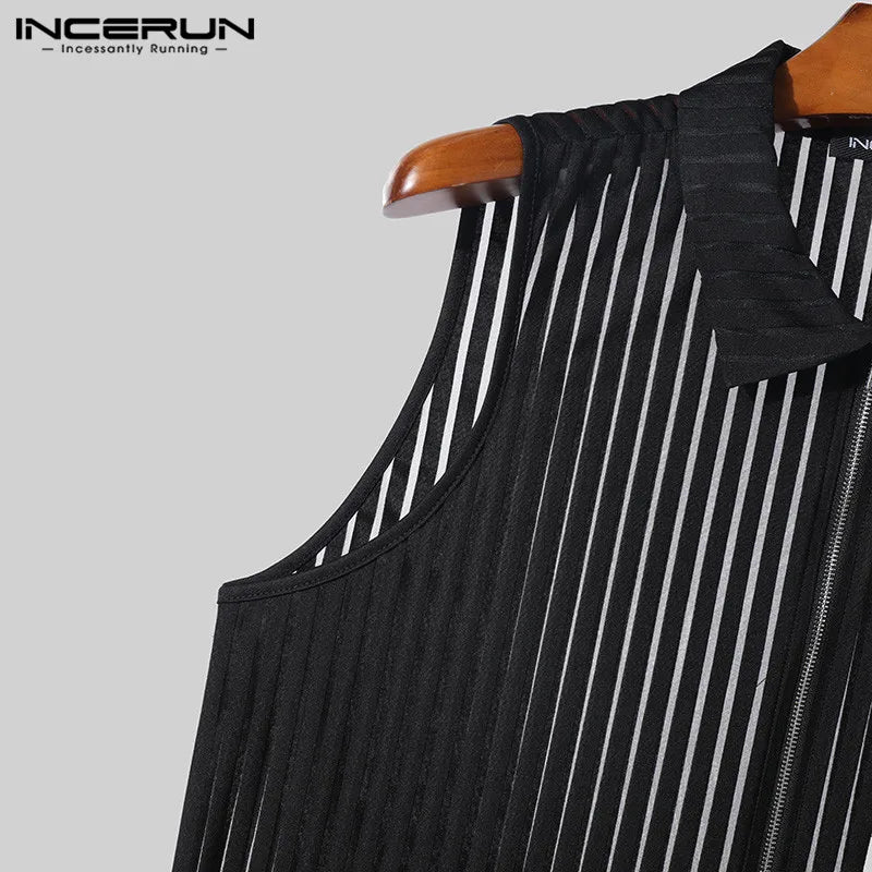 Fashion Casual Style Tops INCERUN Men's Vertical Stripe Perspective Zipper Vests Sexy Male Thin Sleeveless Tank Tops S-5XL 2024