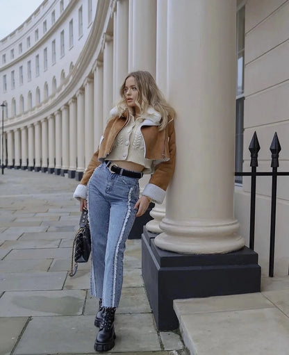 Nueva chaqueta de invierno de gamuza corta con cuello suelto y cremallera lateral de lana de cordero de manga larga para mujer