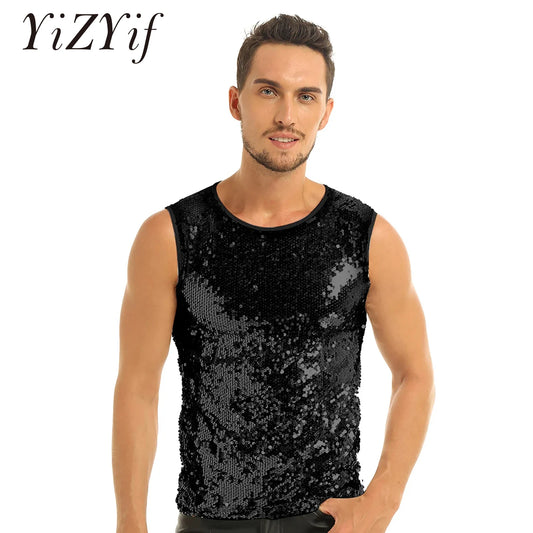 YiZYiF Men's Sequin Tank Top Shiny Crop top Vest Crew Neck Slim Vest Sexy WetLook Tank Top Clubwear Tee Muscle Tank Men Vest Top