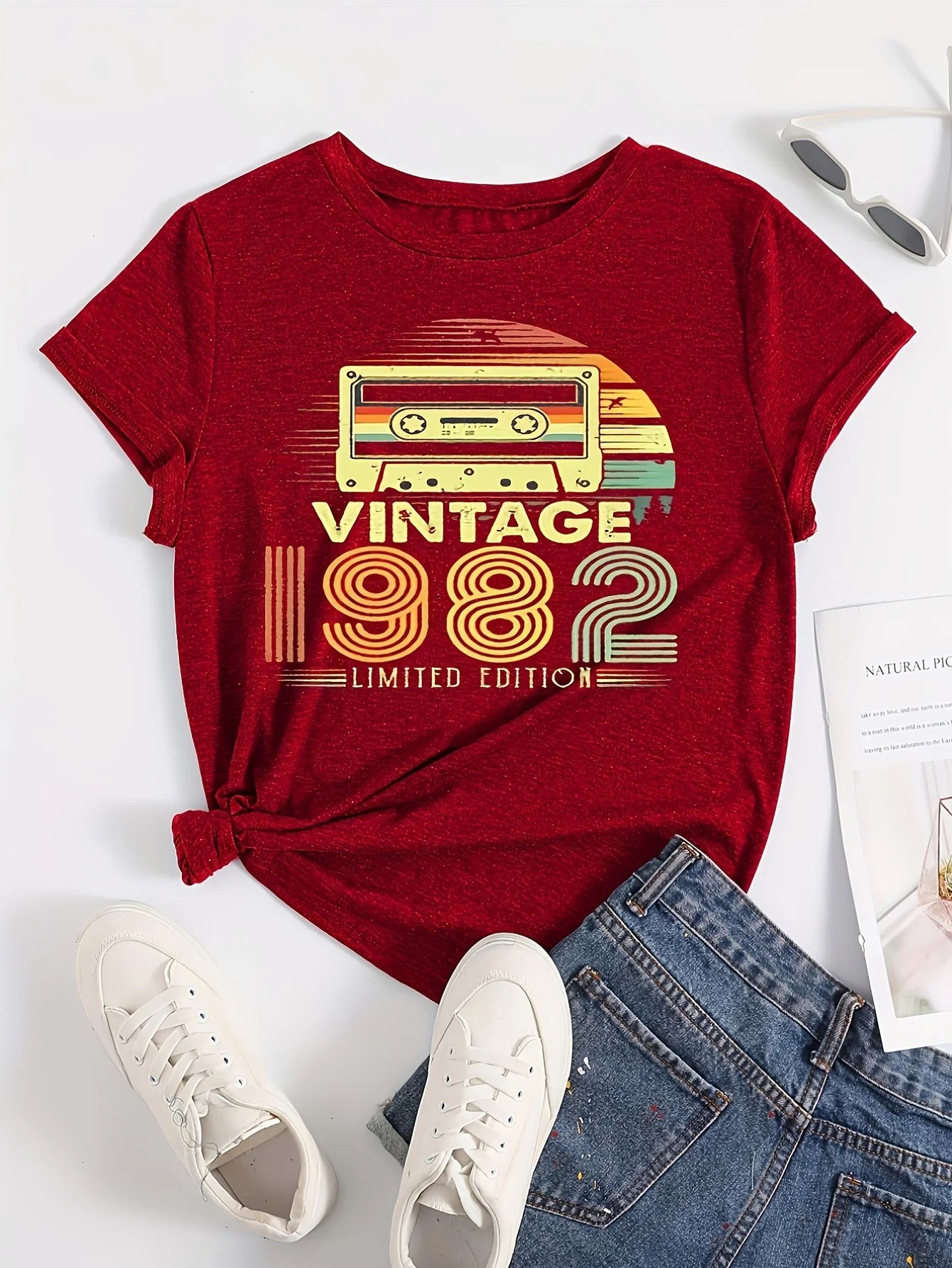 Vintage 1982 Letter Print Women T-shirt Casual Crew Neck Short Sleeve T-shirt Women's Clothing Female TopsTees