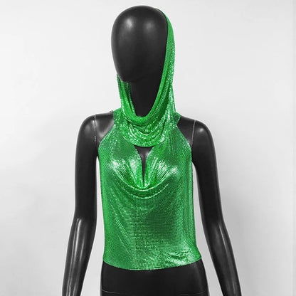 Y2k Fashion Metallic Sequins Women Crop Tank Tops with Headscarf Sexy Backless Hollow Out Halter Metal Sequined Chain Corset Top