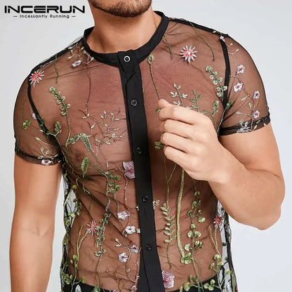 2023 Fashion Men Mesh Shirts Embroidered Short Sleeve Sexy See Through Tops Button Breathable Party Nightclub Shirts INCERUN 5XL