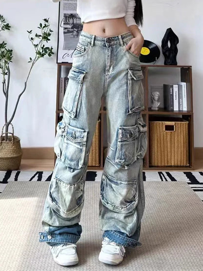 DEAT Fashion Women's Jeans High Waist Multiple Pockets Water Wash Gradient Streetwear Denim Cargo Pants Spring 2024 New 7AB3332