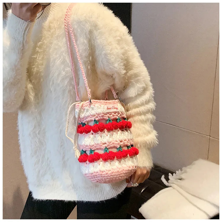 Handmade Woven Cherry Woolen Bag Fresh Fruit Woven Bag Crochet Knitted Bag Leisure String Shoulder Crossbody Bag 2024 New