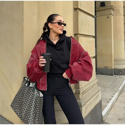 Chaquetas bomber de cuero con cremallera para mujer, abrigos casuales a rayas, elegantes, con solapa, holgadas, de manga larga, para motocicleta, otoño 2024