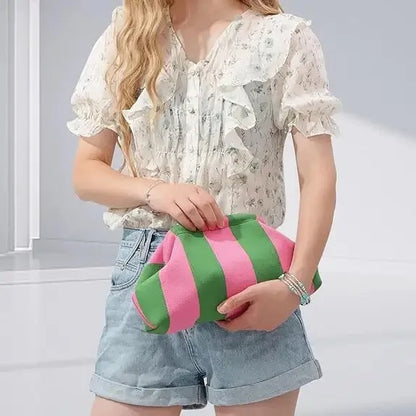 Bolso de mano de punto a rayas de moda para mujer, bolso de mano con paneles con clip y diseño informal para playa, ideal para vacaciones de verano 2024