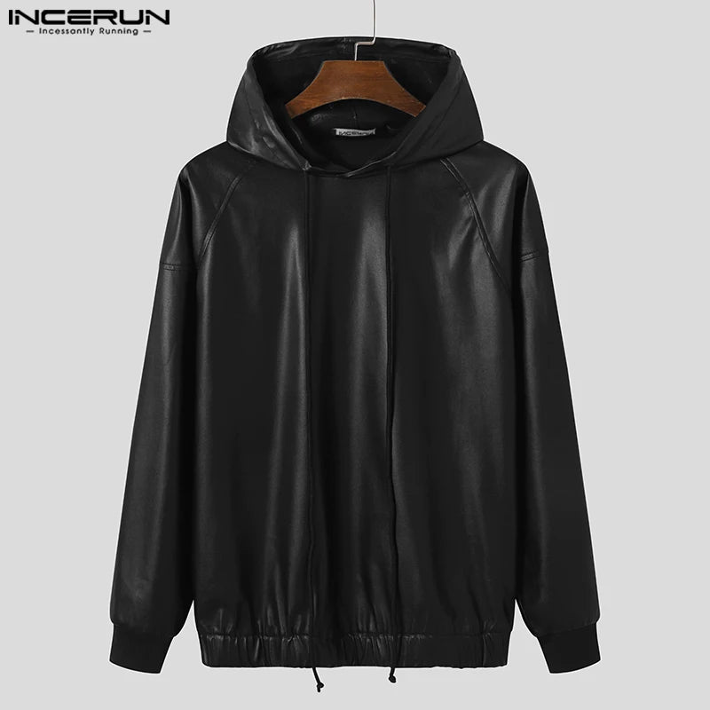 Venta caliente y elegante de camisetas para hombre INCERUN 2024, sudaderas con capucha de cuero reflectante de color liso, suéter informal de manga larga con cordón para hombre, tallas S a 5XL