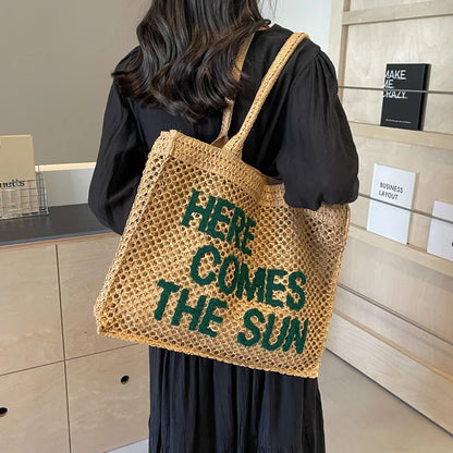 Casual Large Capacity Straw Tote Bag Summer Letters Design Weave Women Shoulder Bag Handmade Summer Beach Handbags Big Purses