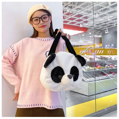 Bolsos de hombro de peluche para adolescentes, diseño kawaii, con forma de cabeza de panda, elegantes y suaves, para compras, portátiles