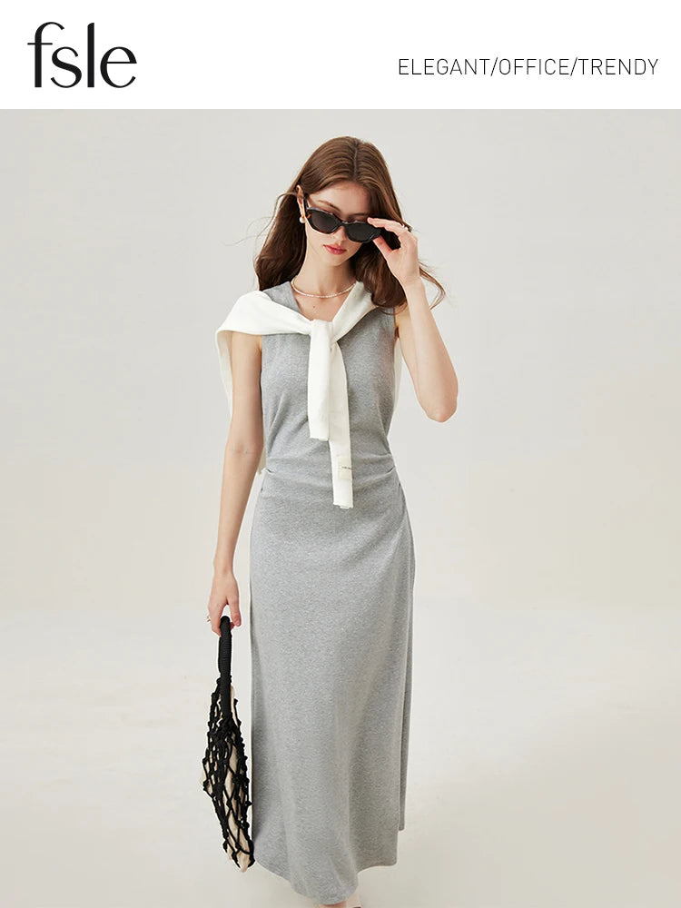 FSLE T-Shirt Dress Sleeveless Long Spilt Grey Dresses Pleated Short Sleeve A-LINE Dress 24FS12440+24FS12883