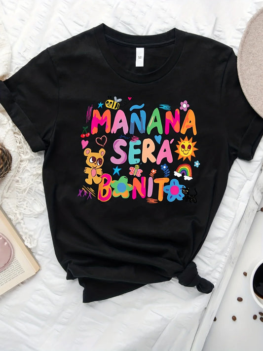 Camiseta con estampado de dibujos animados para mujer, camiseta informal de manga corta y cuello redondo para verano y primavera, ropa para mujer