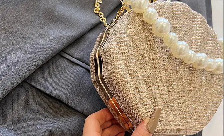 Bolso de hombro estilo marca, bolso de concha con cadena de perlas, bolso cruzado de lentejuelas de moda para mujer, bolso de noche