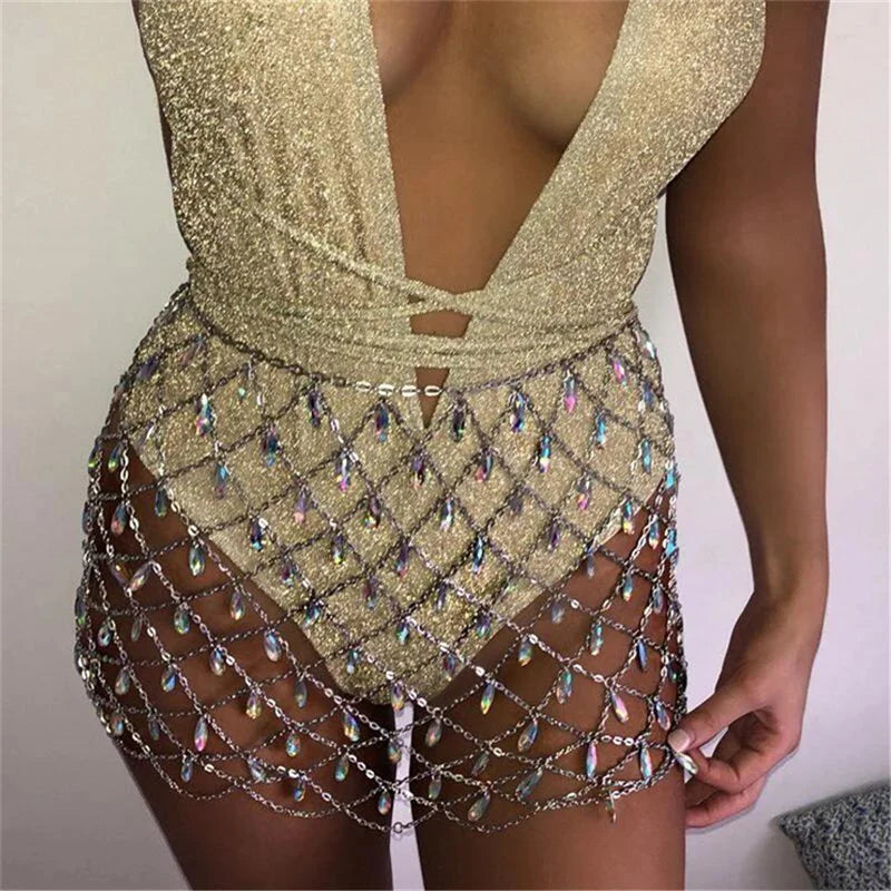 Sexy Bling Metal Body Chain Gem Sequins Skirt Women Crazy Summer Beach Hollow Out Crystal Nightclub Party Mini Skirts