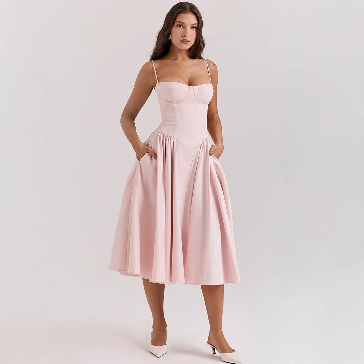 Dropshipping Vestido de verano rosa 2024 Recién llegados Vestido midi elegante con tirantes finos Vestido ajustado y acampanado Ropa sexy para mujer