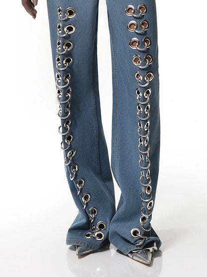 DEAT Fashion Women Denim Pants Loose Low-waisted Metal Hollow Out Floor-length Straight Blue Lady Jeans Spring 2024 New 19F2031