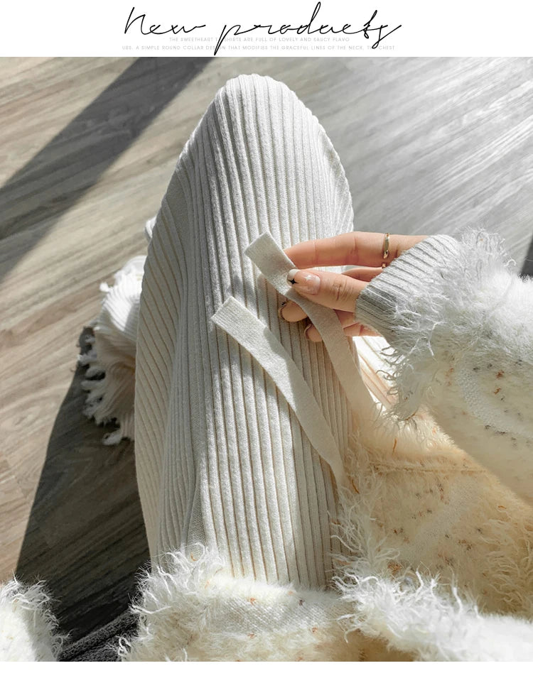 Suninheart Tassels Wide Leg Knitted Pants Women Winter Stripe Loose Trousers Femme Casual Full Length Warm Sweater Pants 2022