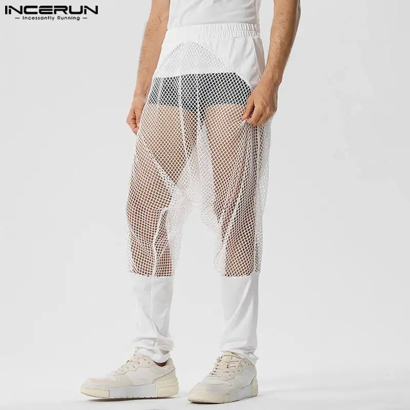 Pantalones nuevos para hombre con estilo sexy INCERUN 2024, pantalones de malla transparente con parches, pantalones elásticos con perspectiva informal, tallas S-5XL