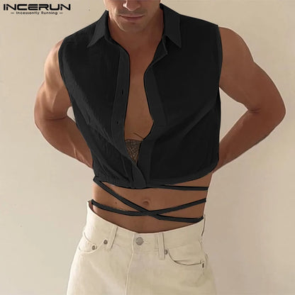 2023 Hommes Chemise Revers Sans Manches Solide Boutonné À Lacets Dos Nu Crop Tops Hommes Streetwear Sexy Mode Camisas S-5XL INCERUN