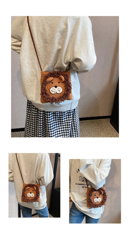 Cute Little Lion Bag For Girls Women's Funny Mobile Phone Coin Purse Winter Knitting Shoulder Crossbody Bag